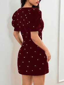 Elegant French Romantic Party Dress, Puff Sleeve Pearl Decor Mini Dress For Birthday Party, Date