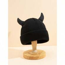 1pc Unisex Horns Cartoon Knitted Hat, Cute And Warm Winter Beanie Street - màu đen - Xem 1