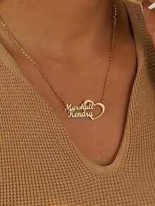 1 Customized 2 Name Heart-Shaped Necklace Suitable For Families And Couples, Stainless Steel Personalized Double Name Pendant, Gold-Plated Chain Collar, Couple Jewelry, Ladies' Birthday Party Jewelry Gift, Customized 2 Name Ladies' Necklace, Men's Halloween Jewelry, Halloween, Christmas Gift, Customized Fashionable Text Necklace, Street Leisure Chic - Multicolor - View 1