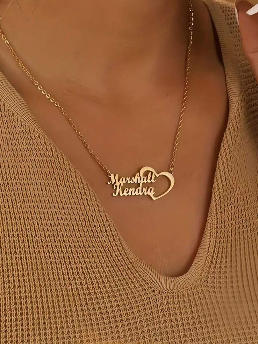 1 Customized 2 Name Heart-Shaped Necklace Suitable For Families And Couples, Stainless Steel Personalized Double Name Pendant, Gold-Plated Chain Collar, Couple Jewelry, Ladies' Birthday Party Jewelry Gift, Customized 2 Name Ladies' Necklace, Men's Halloween Jewelry, Halloween, Christmas Gift, Customized Fashionable Text Necklace, Street Leisure Chic - Multicolor - View 1