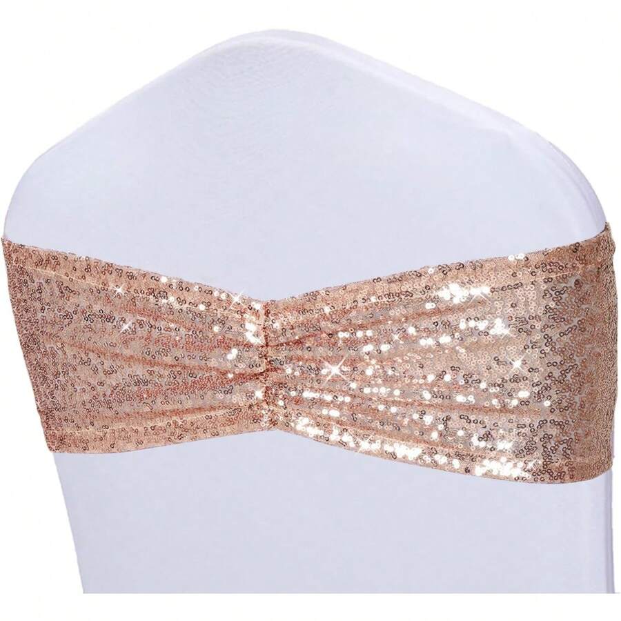 Gold Sequin Chair Sashes With Bow For Folding Chairs, Party Wedding Reception Decorations, 20 PCS - Rose Gold - View 1