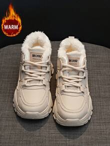 1 Pair Women's Casual Thermal Lined Chunky Sneakers, Round Toe Lace-Up Outdoor Winter Leather Shoes