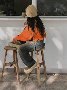 女式休闲街头风格宽松破洞毛衣 - 桔色 - 查看 2