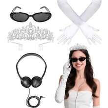 Costume Accessories Set With Tiara Crown Oval Sunglasses Long White Gloves Wired Headphones 4-Piece