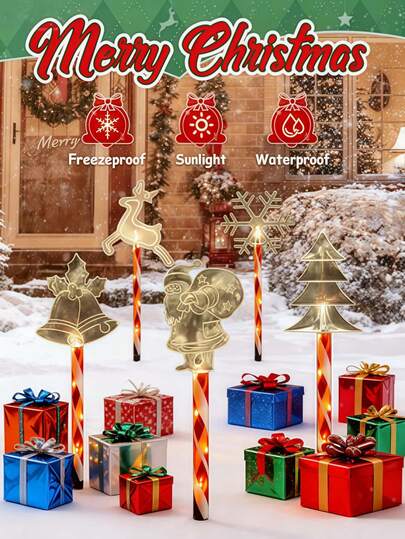 1-To-5 LED Solar Powered Red Tube Ground Lights, 8 Flashing Modes, Red Tube & Black Tube Ambiance Decorative Lights, Snowflake Christmas Tree Bell Reindeer Santa Waterproof Lights, Yard Decor, Classroom, Office, Home, Wedding Decoration