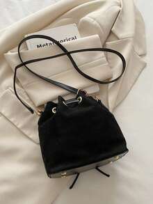 女士抽绳迷你斜挎水桶包绗缝休闲户外包 - 黑色 - 查看 7