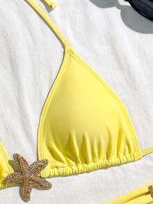 3件套海星吊带比基尼套装，系带露背性感星星荷叶边露背比基尼套装，适合度假海滩夏季穿着 - 黃色 - 查看 4