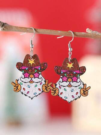 Christmas Cute & Funny Western Cowboy Hat, Star & Heart Sunglasses, Santa Claus Pendant Vintage Wood Dual-Sided Christmas Earrings Gift For Women