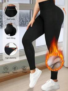 1pc Women's Thermal Lined Leggings, High Waist Tummy Control Pants, Thick & Warm, Brushed Lining, Stretchy, Slim Fit, Solid Color, Knit Fabric, Full Length, Suitable For Hiking, Yoga, Fitness, Running, Casual Indoor/Outdoor Wear, Thermal Lined Pants, Soft Lining For Warmth, Winter Thermal Leggings, Casual Sporty Style Pants, Stretchy Material - Black - View 1