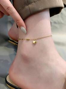 1 件不锈钢串珠心形脚链首饰，日常配饰礼物（无礼盒）