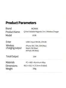 MOMAX UD36L MagSafe 3-In-1 Wireless Charger - Perfect For Both Work And Travel. Foldable And Portable, Charges Both IPhone, Watch, And Earphones. Integrated Wireless Charging Stand. - Titanium - View 6