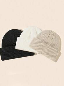 3 szt./opakowanie Jednokolorowa prosta dzianinowa czapka beanie dla mężczyzn, odpowiednia do codziennego noszenia na co dzień