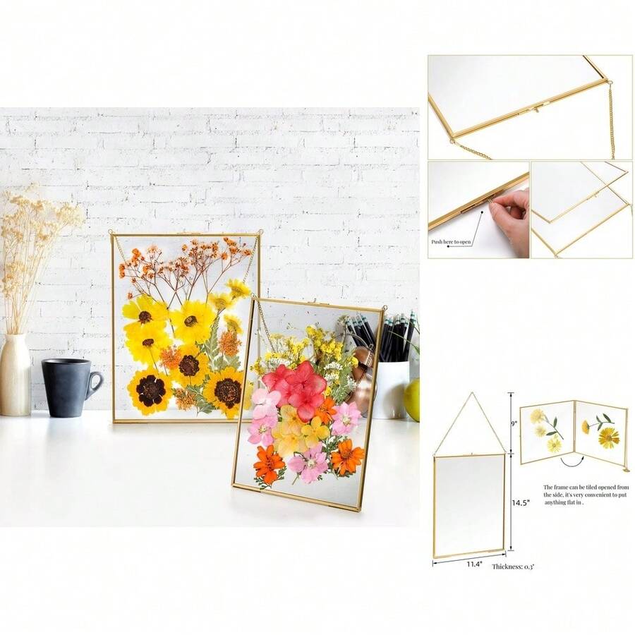 Marco de Fotos Colgante de Latón Dorado 22, 9x29 - Doble Vidrio para Flores Presionadas Ilustraciones, Montaje en Pared - Multicolor - Ver 1
