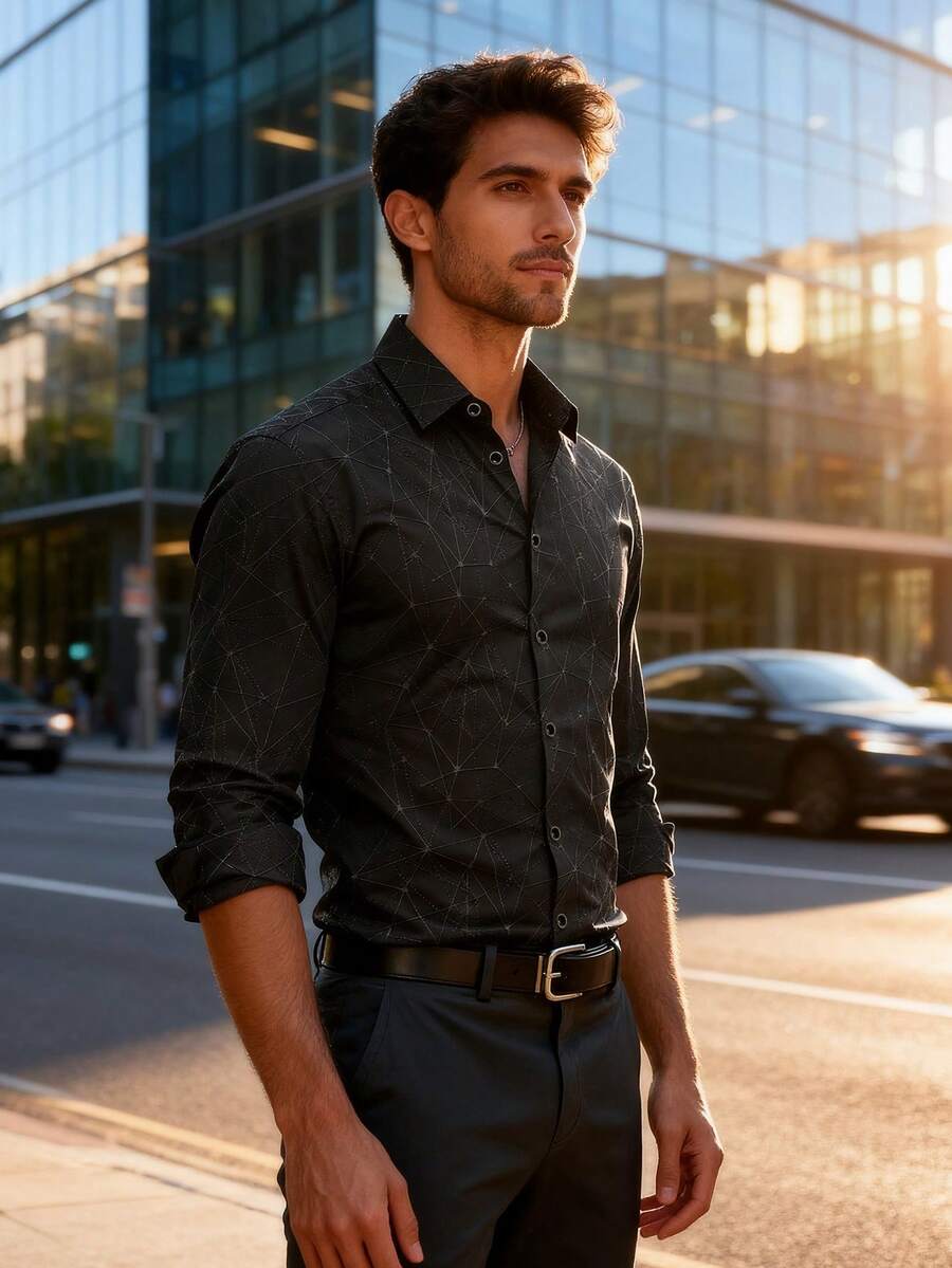 男士经典时尚长袖几何印花衬衫，欧美风商务休闲衬衫，独特设计，百搭实惠，商务休闲必备，秋季款 - 黑色 - 查看 1