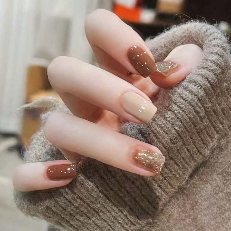 Brown Gradient Glitter Short European Square Nail Art, Elegant, Fashionable, Girlish, And Gentle. 24 Removable Nail Tips. - 1 - Xem 1