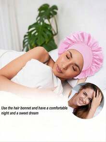 1pcs Silk Sleep Bonnet Set - Satin Hair Wrap For Curly/Natural Hair With Soft Elastic Band (Black & Gold), Gentle Night Cap For Hair Protection & Frizz Control - 粉色 - 查看 9