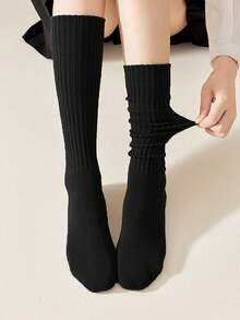 4 Pairs Women's Black & White Minimalist Slim Fit Calf Socks, Warm Long Socks Suitable For Daily Wear With Leather Shoes, Autumn/Winter - Multicolor - View 7