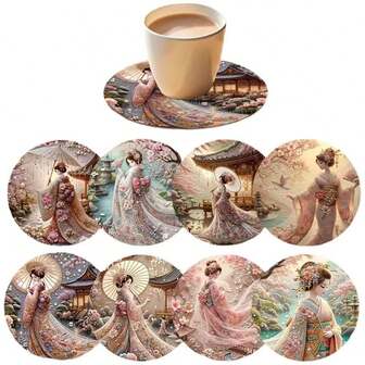 8 件传统日本艺伎木制杯垫 - 艺术防滑餐垫，耐热设计，居家和餐饮必备，完美的乔迁或朋友礼物，1 套 8 件