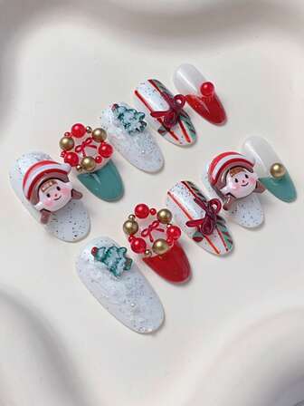 10 Pcs Of Medium-Length Almond Nails, French Christmas Manicure, Decorated With Colorful Christmas Wreaths, Christmas Trees, Three-Dimensional Bows, Cute Cartoon Girls, Cute Cartoon Wearable Nail Stickers, Christmas And New Year Style Press-On False Nails, Press-On Acrylic Nails, Almond Nails, Red And Green French Manicure,