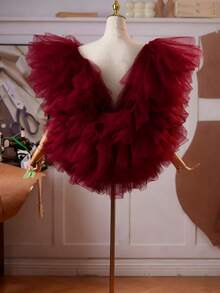 Bridal Chiffon Multi-Color Shawl, Suitable For Hostess, Evening Gown, Performance, Photography Accessory - Burgundy - View 4