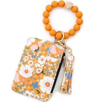 Flower Keychain Wristlet Wallets For Women Cute Silicone Beaded Credit Card Holder Key Ring Bracelet Wallet