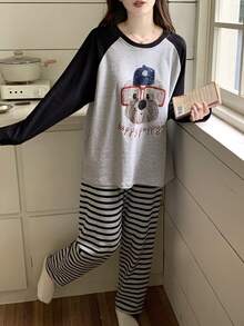 两件套女士睡衣套装，狗狗印花睡衣，休闲韩版风格，插肩袖设计，条纹裤可外穿，新款配套套装