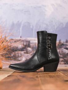 Women's Fashionable Black Mid-Calf Boots, Autumn/Winter Chunky Heel Ankle Boots, Casual/Office Metal Buckle Decor Side Zipper Square Toe Thick Heel Ankle Boots, Commuting Comfortable Ladies Ankle Boots, Western Style Buckle Side Zipper Holiday - Black - View 10