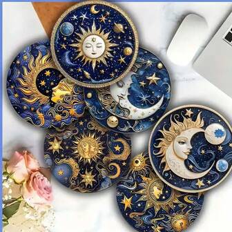 6 件复古金色太阳、月亮、云朵和星星吸水陶瓷杯垫，适用于所有杯子和马克杯，办公室或厨房圆形桌面保护垫，1 套 6 件