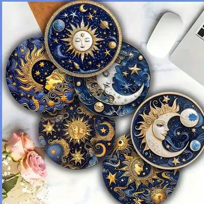 6 peças de porta-copos de cerâmica absorvente vintage dourado com sol, lua, nuvem e estrela, adequados para todos os copos e canecas, protetores de mesa redondos para escritório ou cozinha, 1 conjunto de 6