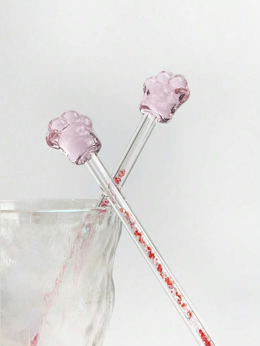1pc Valentine's Day Pink Cat Paw & Cherry Blossom Cocktail Stirrer, Creative Girly Pink Glass Stir Stick For Coffee, Milk, Juice, Beverage, Heat Resistant - Pink Spoon - View 1