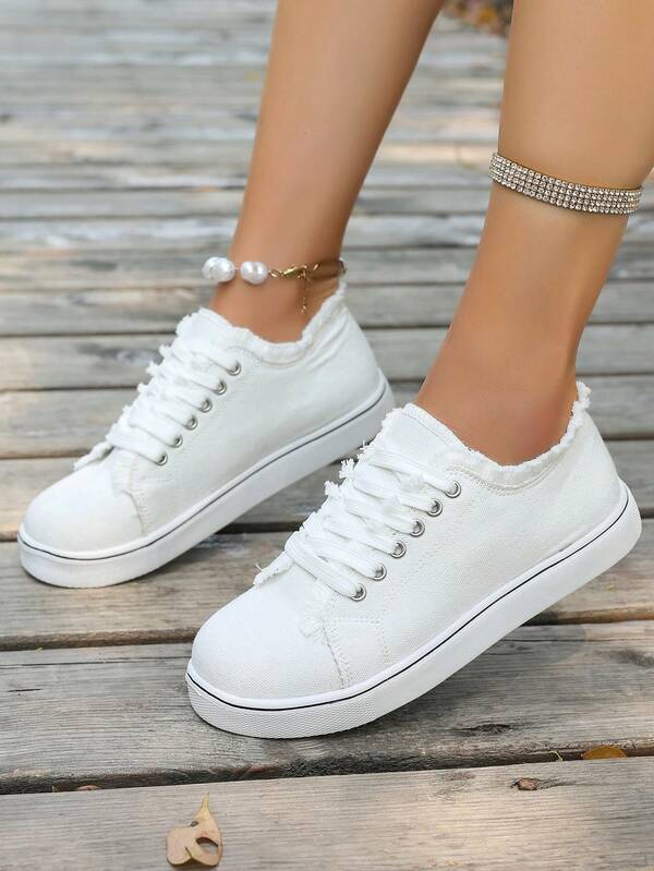 Fall/Winter Women's Round Toe Casual Canvas Sneakers, Lace-Up With Fuzzy Edges, Suitable For Campus, Daily Wear, Home, Commute, Work, All Year Round, Lightweight PVC Sole, Breathable