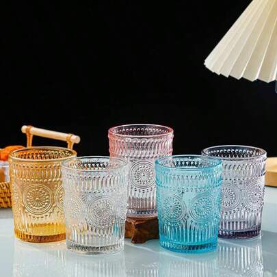 4pcs/Set Amzcku Colorful Drinking Glasses, 10oz Vintage Glass Tumblers - Suitable For Cocktails, Mixed Drinks, Whiskey, Beverages, Water, Milk And Juice, Great For Valentine's Day, Easter, Birthday, Wedding Parties, And Everyday Home Use