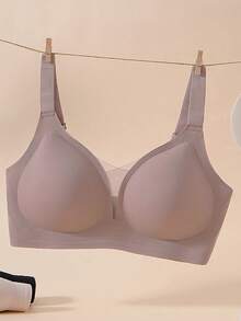 Sujetador sin costuras con parches de encaje, sujetador de apoyo suave y sin cables que levanta y realza el busto, talla grande - Caqui - Ver 3