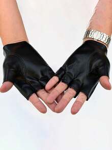 1 Pair Men's Street Dance Half Finger Leather Gloves, Nightclub Pole Dance Performance Dancing Gloves With Rivet Decor, Suitable For Dance Shows - Black - View 10