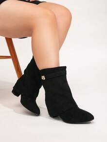 Women's Fashion Wide Width Faux Leather Tall Boots, Holiday Vacation Atmosphere, Folding Shaft, Chunky Heel, Black High Heel Ankle Boots, Sexy Outdoor Tall Boots, Wide Width High Heel Boots, Wide Calf Boots - Black Cloth Short - View 4