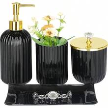 Juego de Accesorios de bao, 4 Piezas de Vidrio Verde, Juego Completo con dispensador de jabn de locin, Soporte para Cepillo para Polvo de Dientes, Tarro de boticario, Bandeja de Cambiador, - 7-Premium Negro - Ver 2