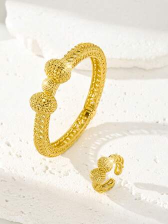 24K镀金复古奢华女士手链和戒指首饰套装，铜材质