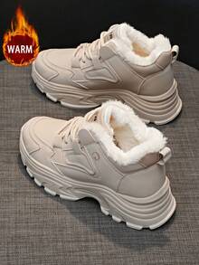 1 Pair Women's Casual Thermal Lined Chunky Sneakers, Round Toe Lace-Up Outdoor Winter Leather Shoes