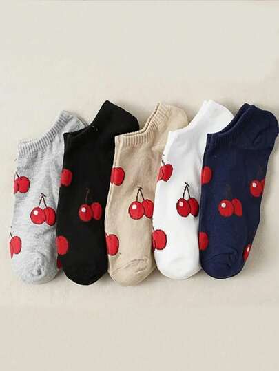 5 Pairs Women's Shallow Cherry Print Boat Socks, Cute & Fresh For Daily Wear