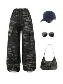 1pc Girls' Y2K Vintage Camouflage Cargo Pants, Loose Straight Leg Casual Jeans, Comfortable For All Seasons - Army Green - View 2