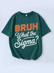 Boys' Slogan Print Round Neck T-Shirt, Soft Casual Summer Tee For Boys - Dark Green - View 6