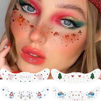 成人圣诞雀斑脸部纹身临时纹身，带圣诞帽、树铃、驯鹿蝴蝶结化妆，适合冬季生日圣诞派对
