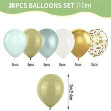 30 piezas, 10 pulgadas/25,4 cm Globos de confeti vintage en colores verde mate, azul neblina, azul dorado, blanco mate y dorado metálico, con cintas disponibles, adecuados para fiestas de cumpleaños, bodas, fiestas temáticas, baby shower, revelación de género, fiestas de cóctel, comunión, compromiso, aniversario, feriados tradicionales, ocasiones especiales, baile de graduación, para crear un telón de fondo soñador, arco y decoración de fondo - Verde retro, dorado y blanco. - Ver 6