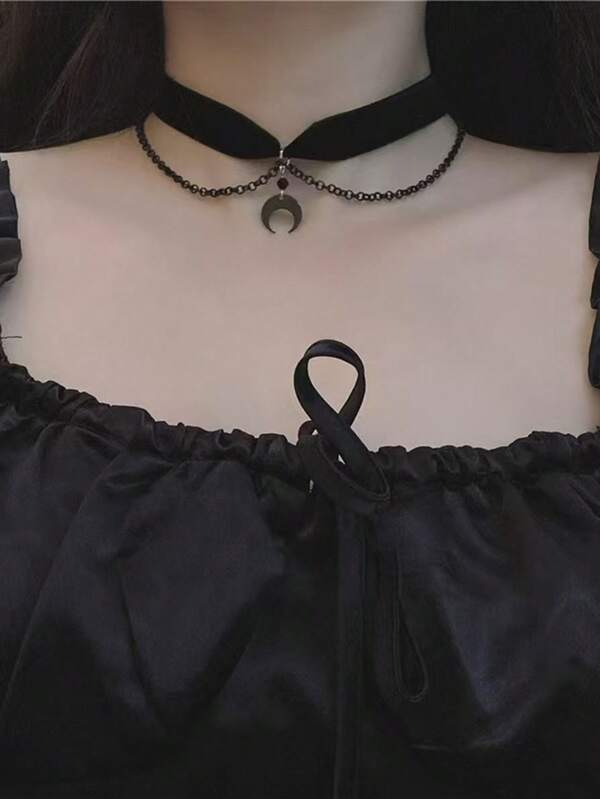 Shiny Polyester Gothic Crescent Choker Necklace, Dark Black Collar Necklace Chain For Women