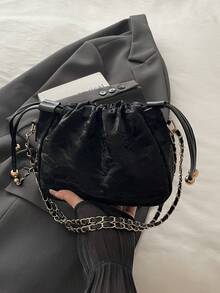 1 pièce Sac seau à cordon de serrage de couleur unie avec sangle à chaîne, sac à épaule mode pour femmes