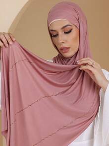 1pc Women's Plain Jersey Soft Headscarf, Rhinestone Decor, Casual Arabic Style Long Scarf, Conservative Solid Color, Suitable For Daily Use For Dress - Pink - View 2