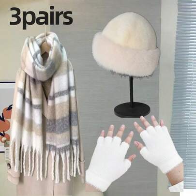 3pcs Christmas Plaid Scarf, Mohair Mongolian Hat, Faux Rabbit Fur Gloves, Thick Warm Fluffy Minimalist Bowl-Shaped Hat, Simple Scarf, Suitable For Autumn/Winter, Daily Wear, Christmas