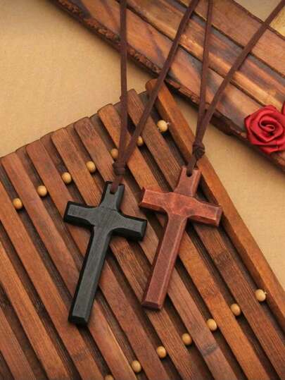 1 pezzo Collana vintage in legno a forma di croce, unisex, adatta per uso quotidiano, feste, Pasqua, Ognissanti e altro