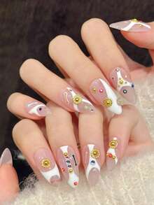 10 piezas de pegatinas de uñas de arte minimalista de dopamina! Dibujos de líneas blancas con forma de almendra con acentos decorativos de colores, diseño sofisticado adecuado para salidas, citas, fiestas, regalos. Reutilizable, para mujeres embarazadas y niños. Incluye 1 pieza de lima de uñas mini