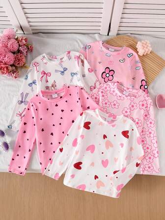5pcs/Set Girls' Casual "Heart", "Flower", "Bow" Print Long Sleeve T-Shirts, Autumn